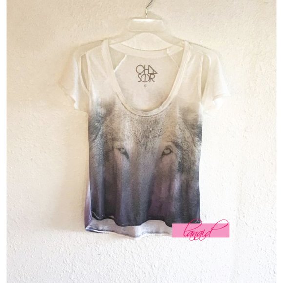 Chaser Wolf Eyes Tee Cut-Outs Cutouts Ombre Dip-Dye Scoop Neck Burnout Edgy Top - Picture 5 of 10
